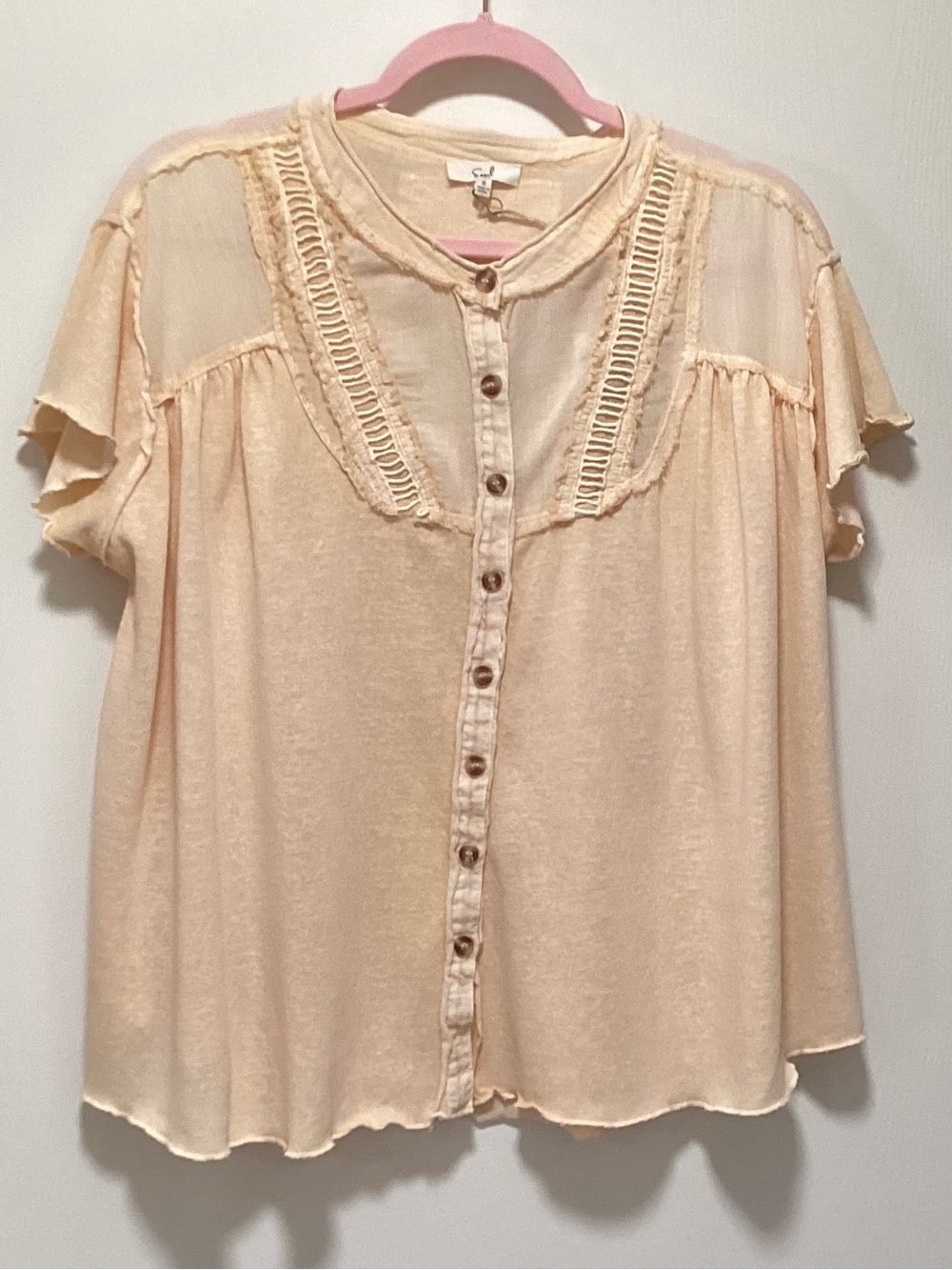 Easel Butter Cream Button-Front Blouse with Crochet Yoke